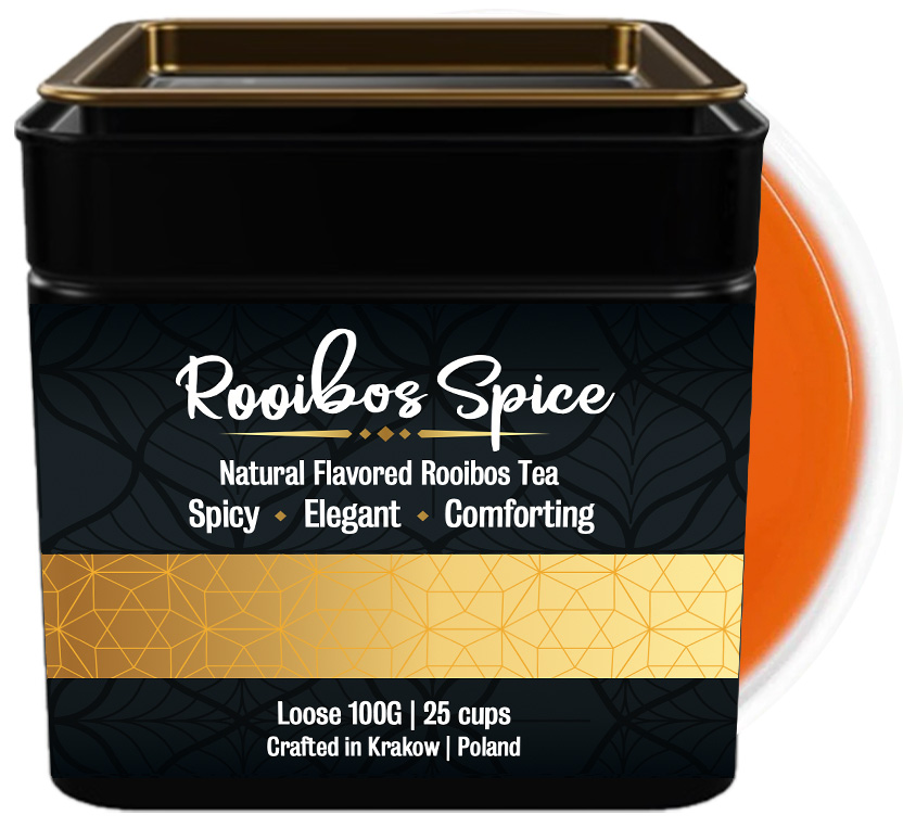 ROOIBOS SPICE – Rozgrzewająca Herbata Cynamonowa w Metalowej Puszce 100g
ROOIBOS SPICE to intensywnie rozgrzewająca kompozycja na bazie południowoafrykańskiego rooibosa (90%) z dodatkiem kawałków cynamonu (13%), naturalnego aromatu cynamonu (5%) oraz skórki pomarańczy (2%). Ta bezkofeinowa wersja popularnego 